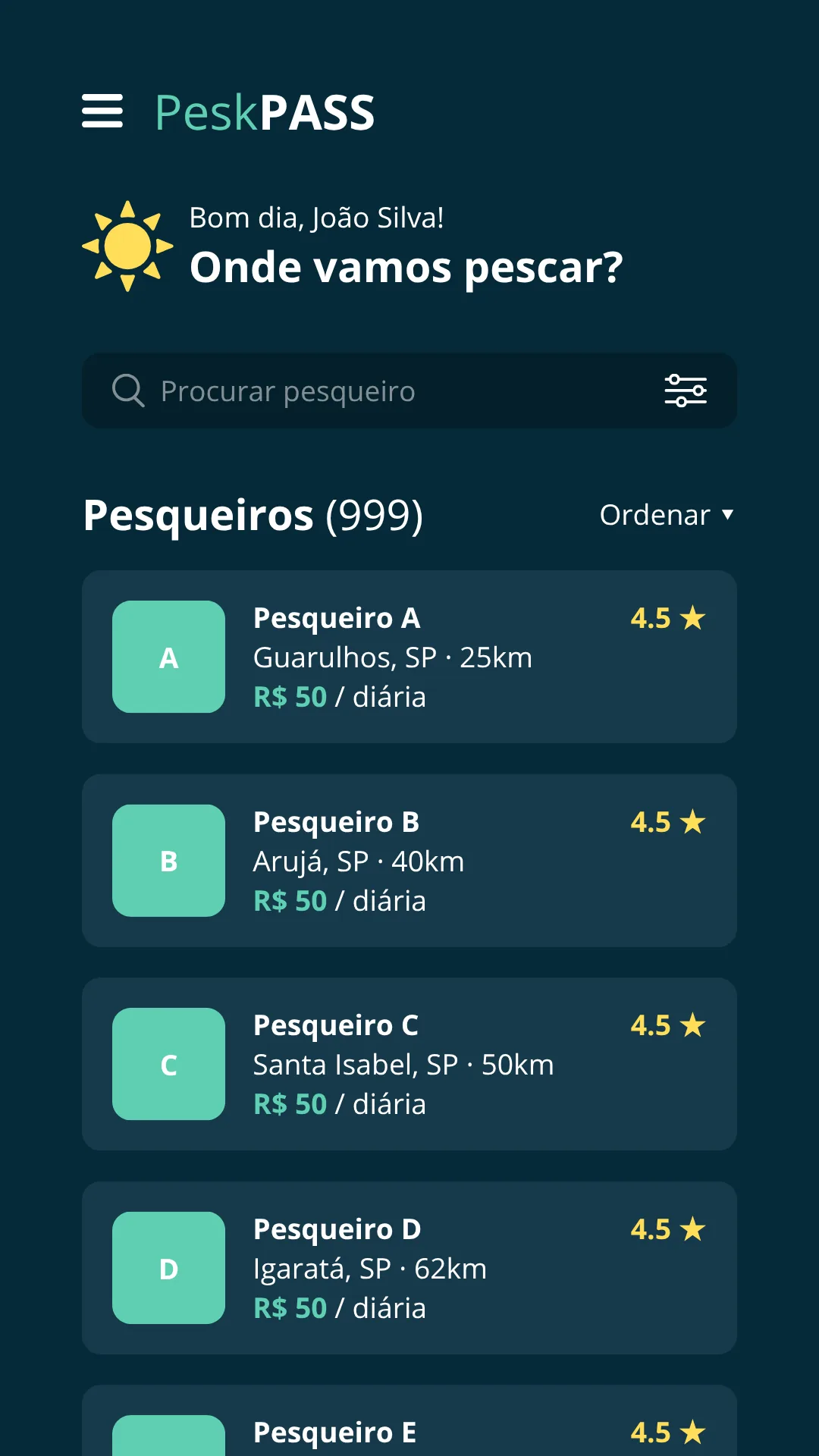App PeskPASS no celular: lista de pesqueiros disponíveis para reserva