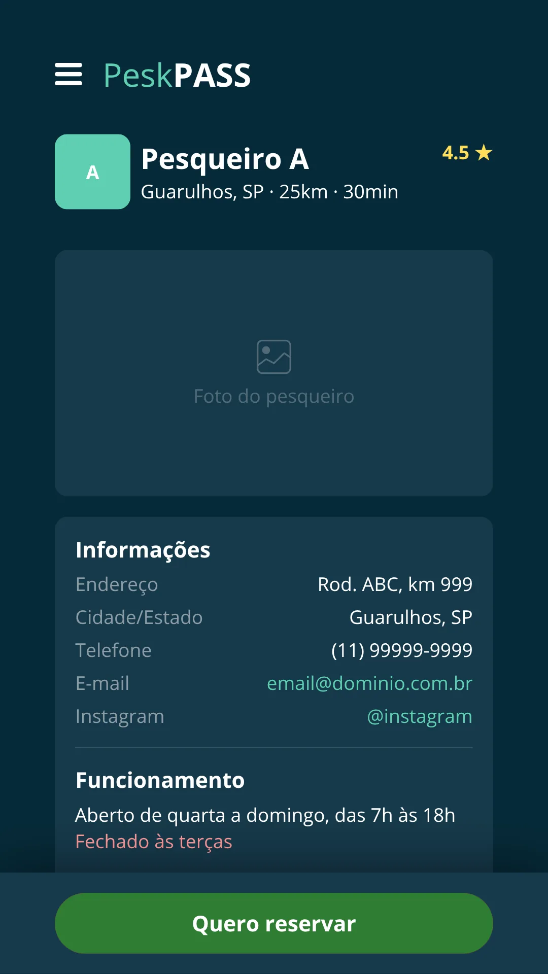 App PeskPASS: página de um pesqueiro com informações e regras