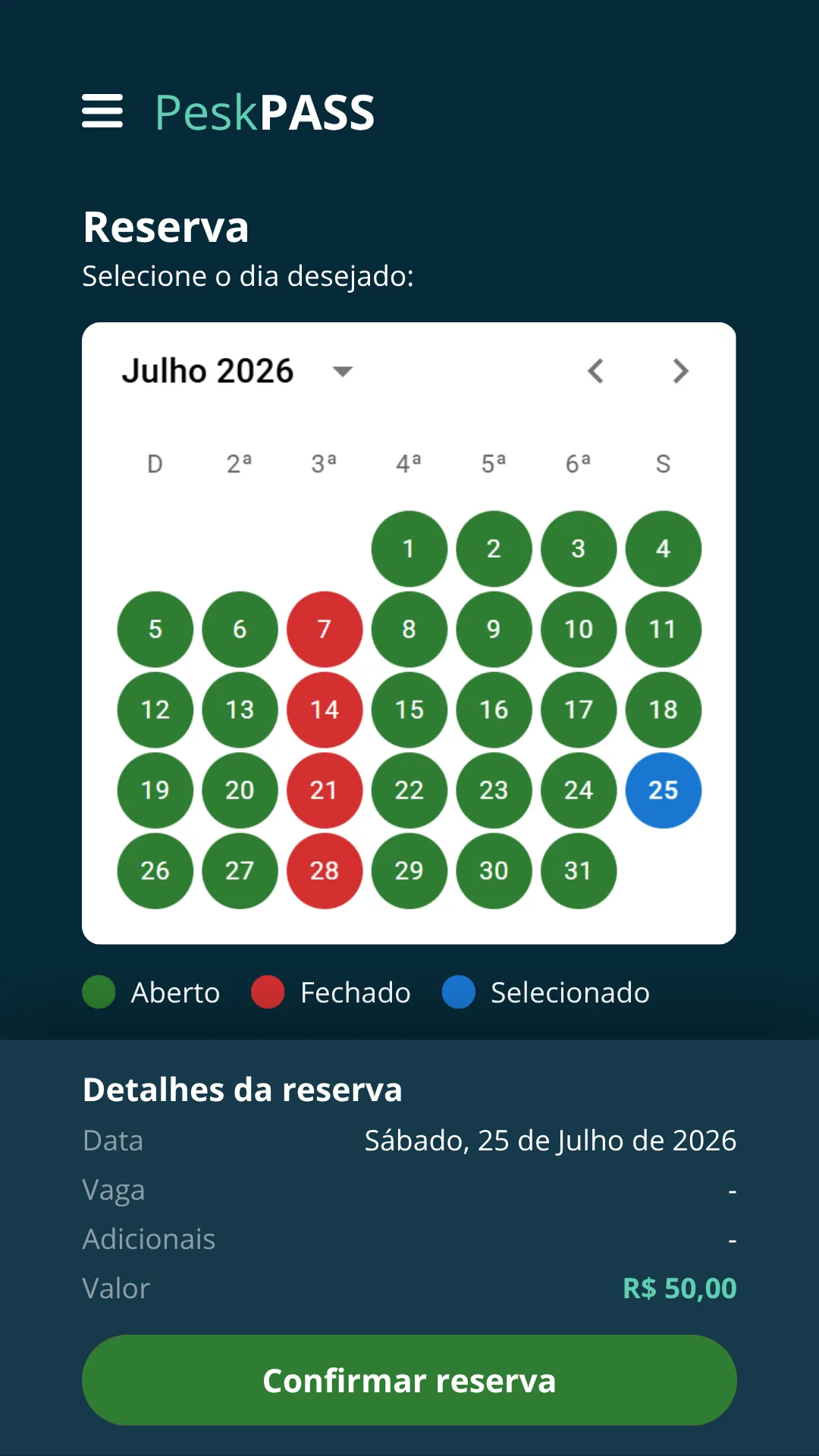 App PeskPASS: mapa do lago mostrando vagas livres e ocupadas