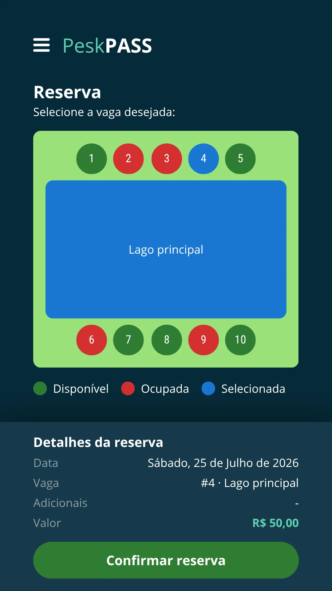 App PeskPASS: vaga selecionada no mapa do lago