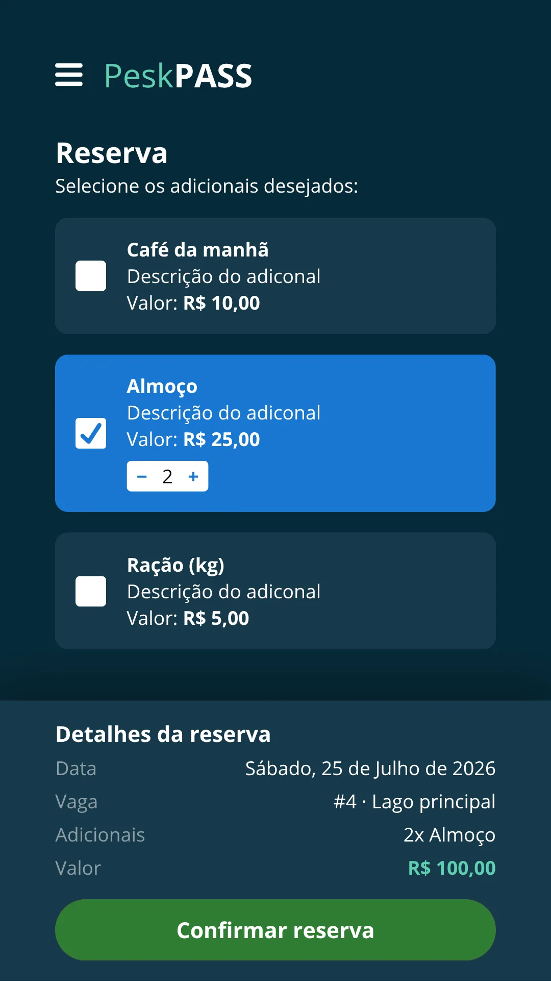 App PeskPASS: escolha de pacotes como café da manhã e almoço