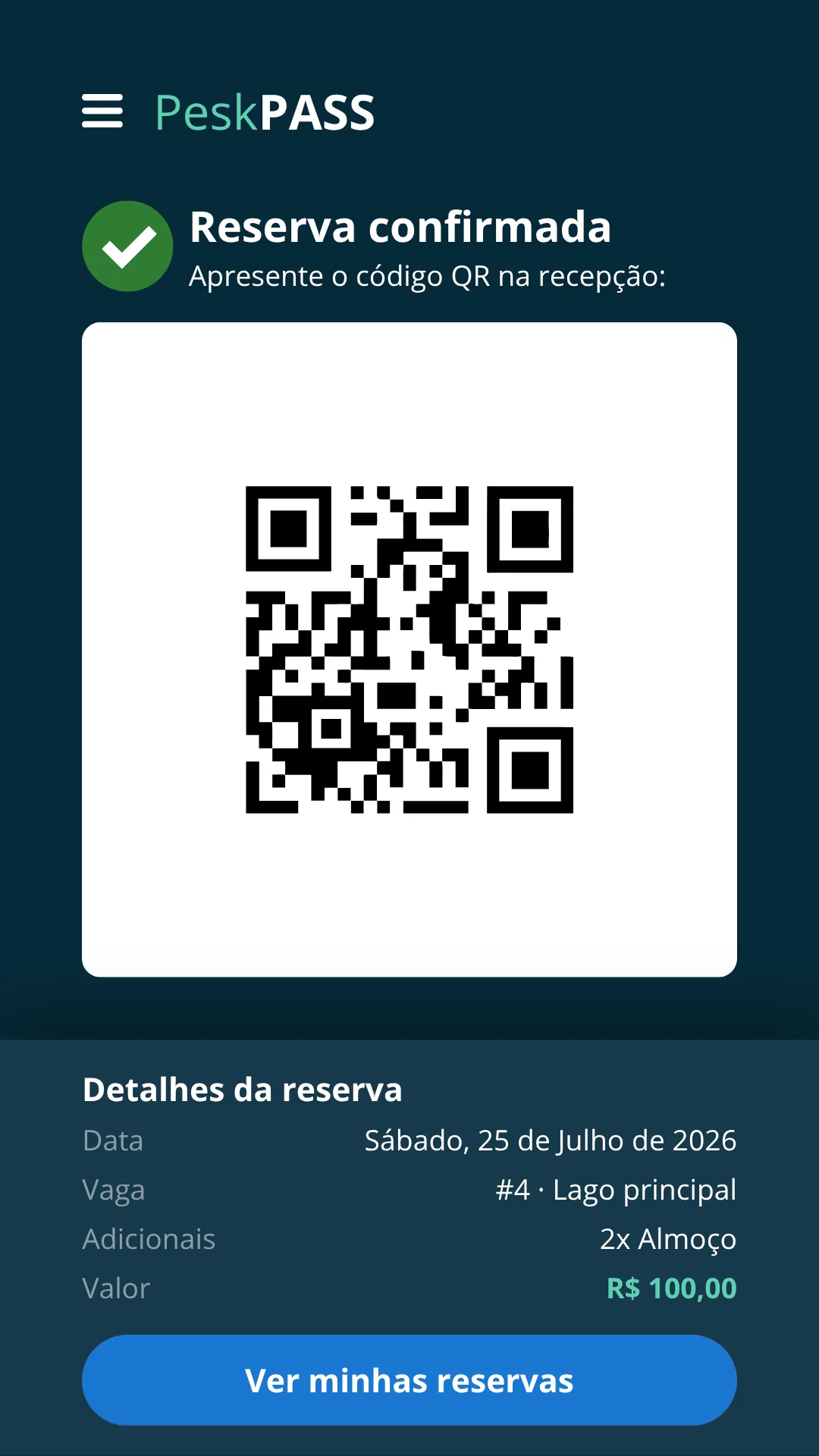App PeskPASS: reserva confirmada com QR Code de acesso
