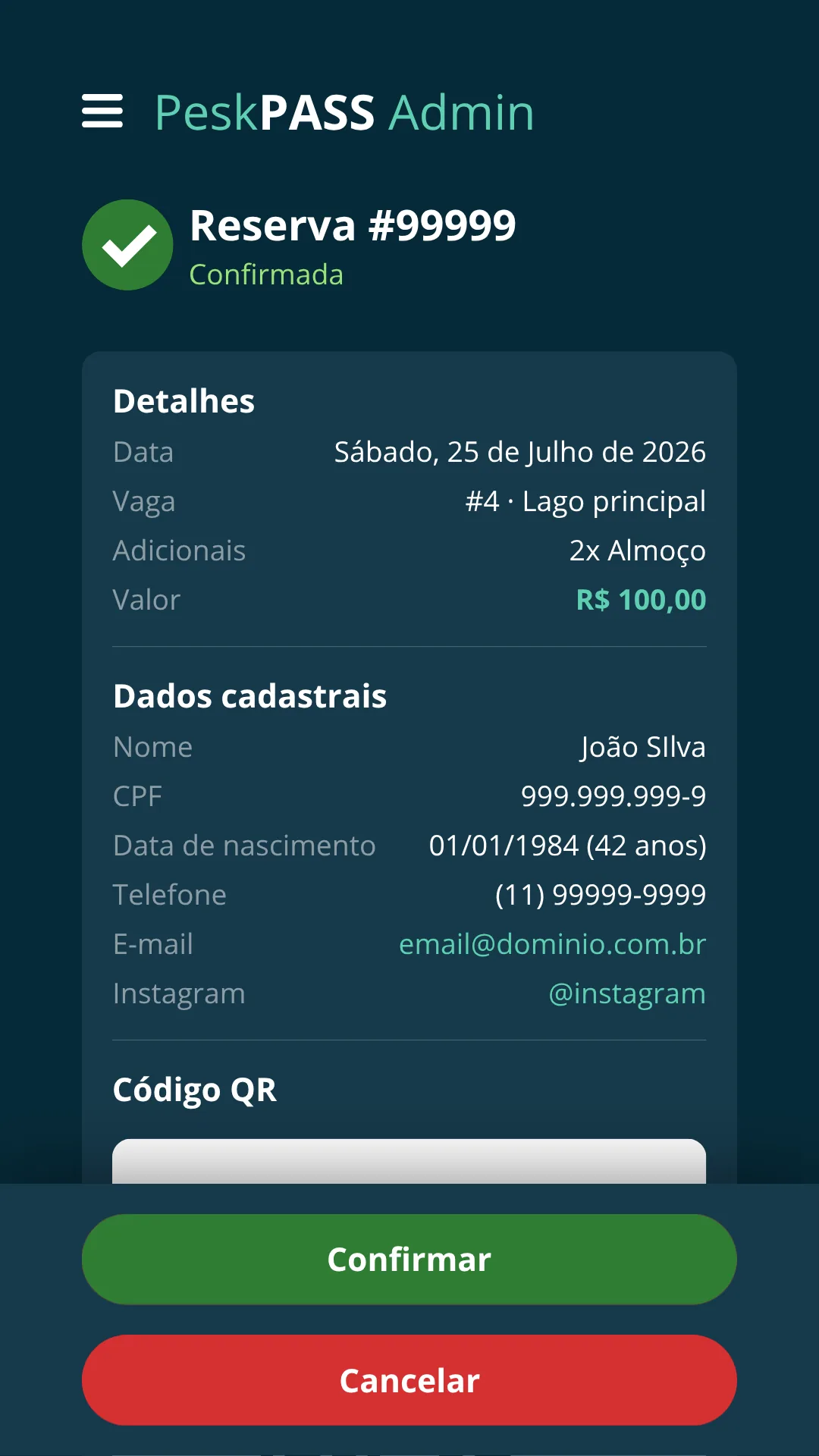 Painel do PeskPASS: detalhe de uma reserva com dados do cliente